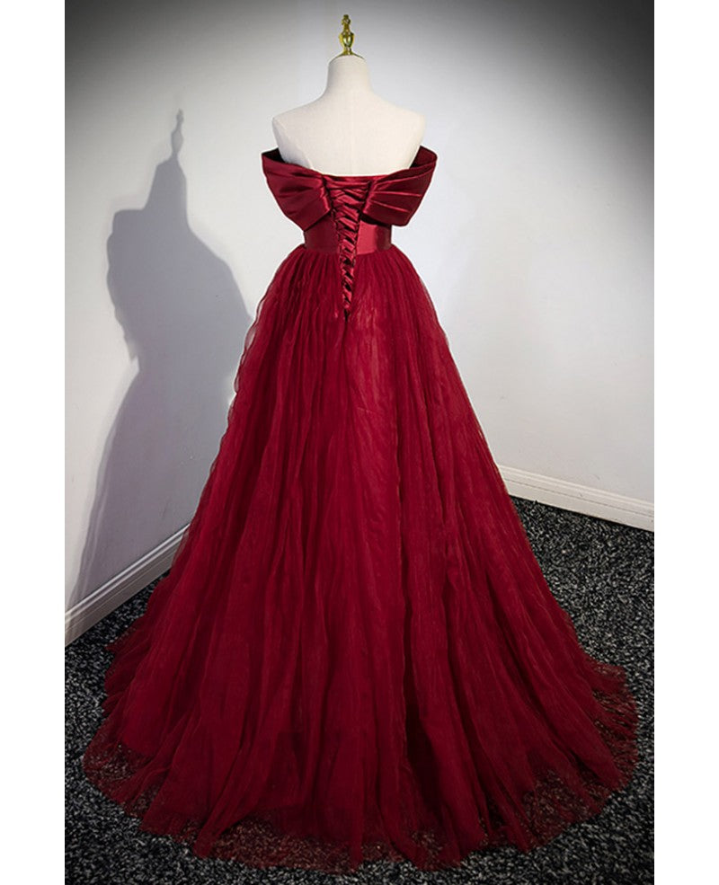 Unique and elegant wine red off the shoulder strapless ball dress wine red A-shaped princess bow short sleeved backless strap and floor length evening dress