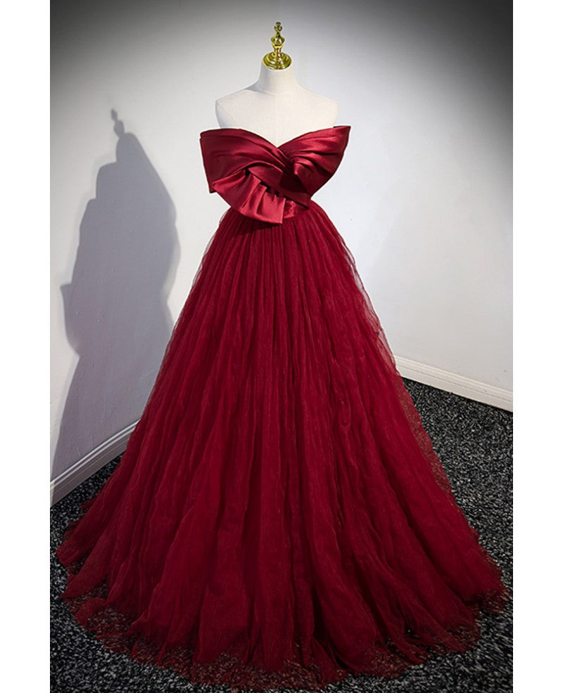 Unique and elegant wine red off the shoulder strapless ball dress wine red A-shaped princess bow short sleeved backless strap and floor length evening dress