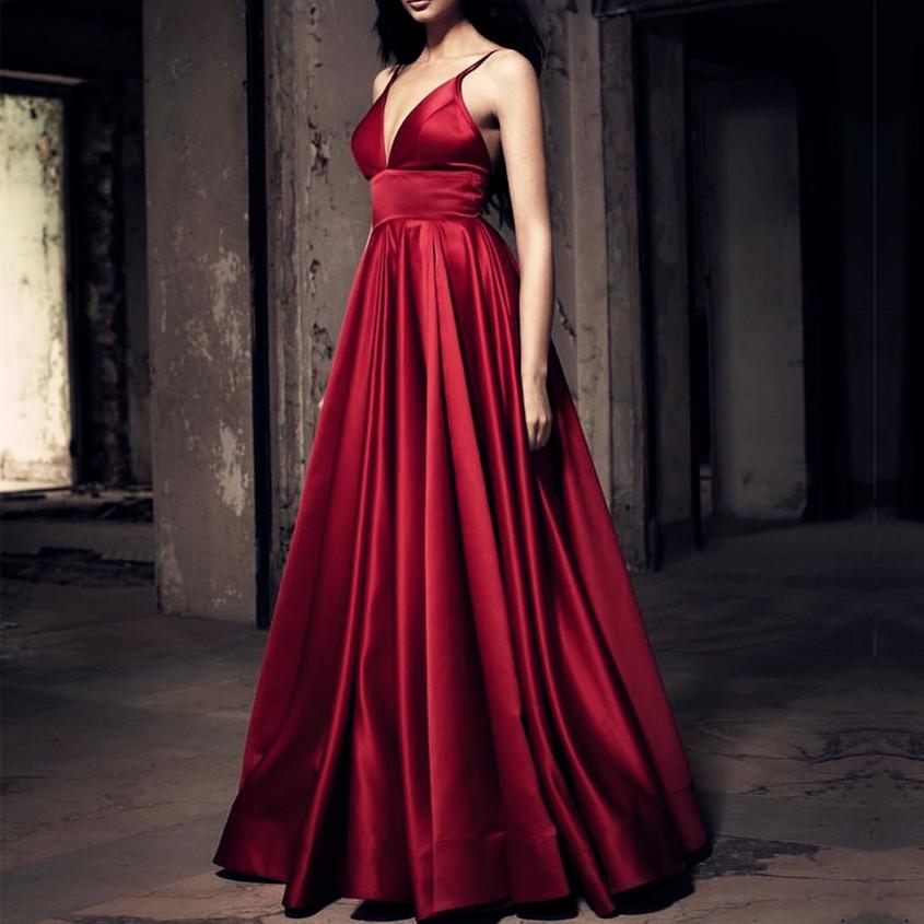 Sexy Long Satin V-neck Prom Dresses 2018 Evening Gowns