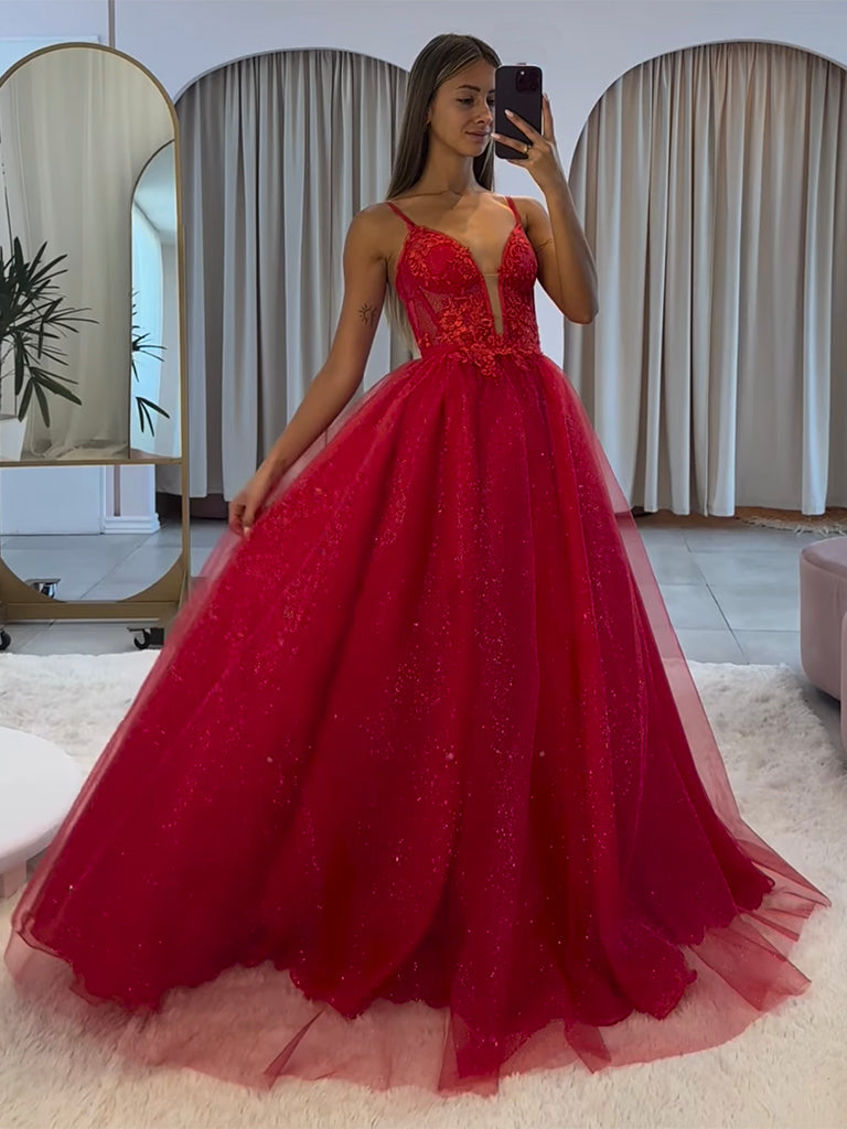 A-Line V Neck Lace Tulle Burgundy Long Prom Dress, Burgundy Long Evening Dress