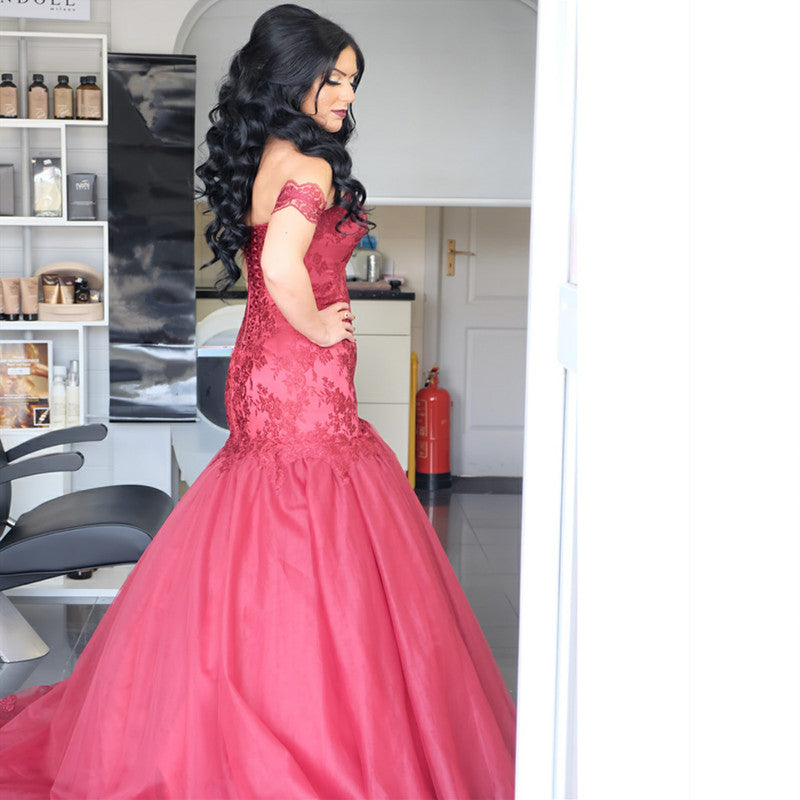 Burgundy Lace Appliques Tulle Mermaid Evening Gowns Off Shoulder