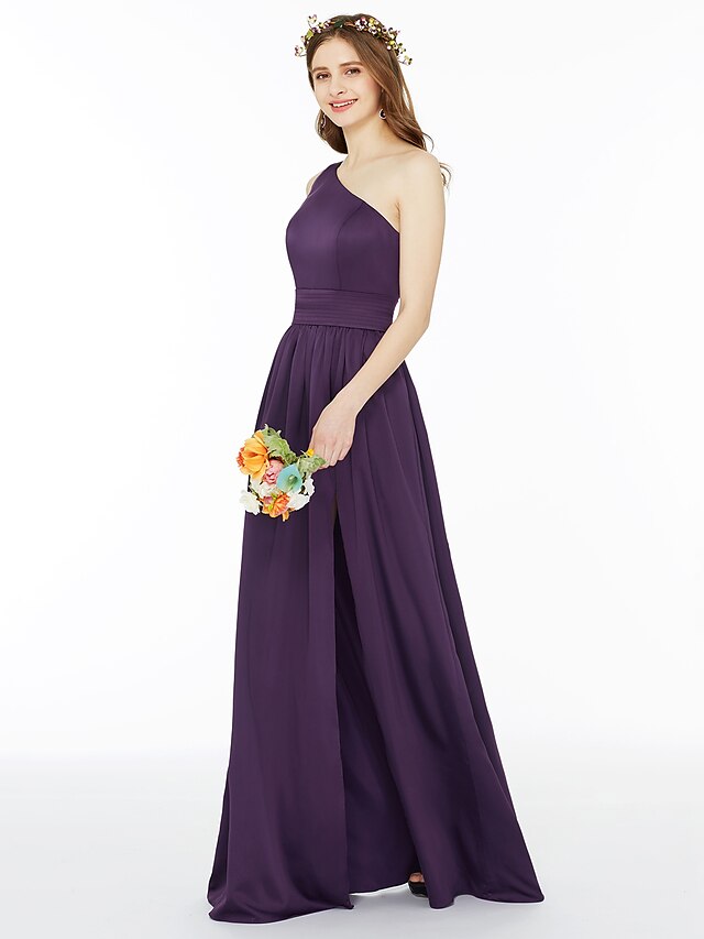 Ball Gown / A-Line Bridesmaid Dress One Shoulder Sleeveless Floor Length Chiffon with Sash / Ribbon / Pleats / Split Front