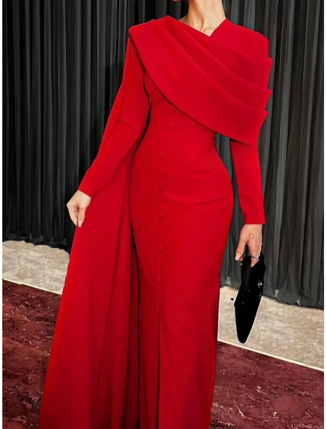 Sheath / Column Red Black Christmas Red Green Dress Evening Gown Elegant Cape Dress Formal Fall Sweep / Brush Train Long Sleeve Cowl Neck  Fabric with Buttons Slit 2025
