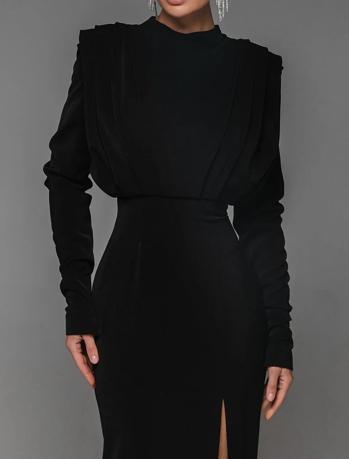 Sheath Evening Gown Elegant Dress Formal Red Green Dress Floor Length Long Sleeve High Neck Stretch Fabric with Ruched Slit