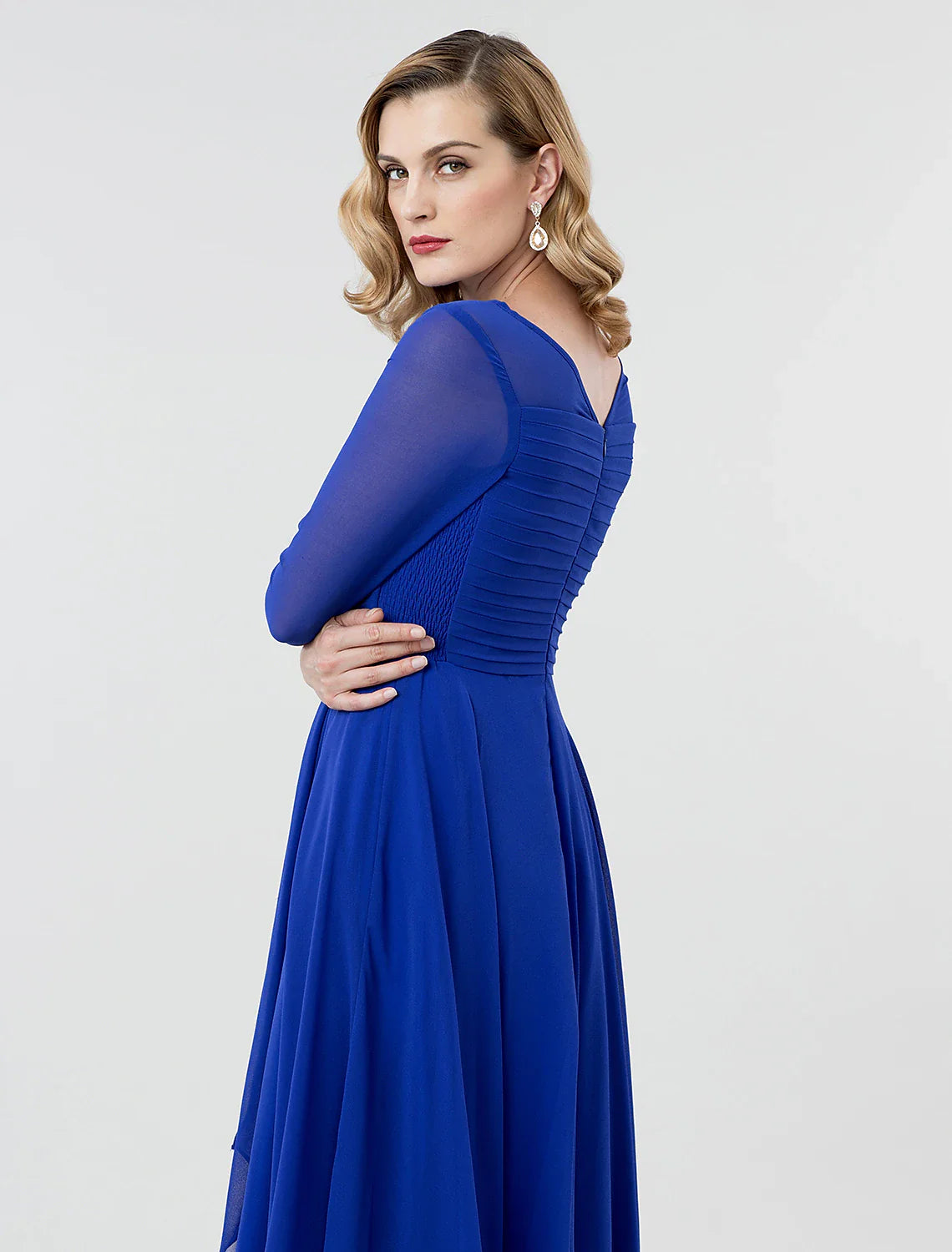 A-Line Elegant Formal Evening Wedding Party Dress Boat Neck 3/4 Length Sleeve Tea Length Georgette with Ruched Crystal Brooch 2024 / Illusion Sleeve