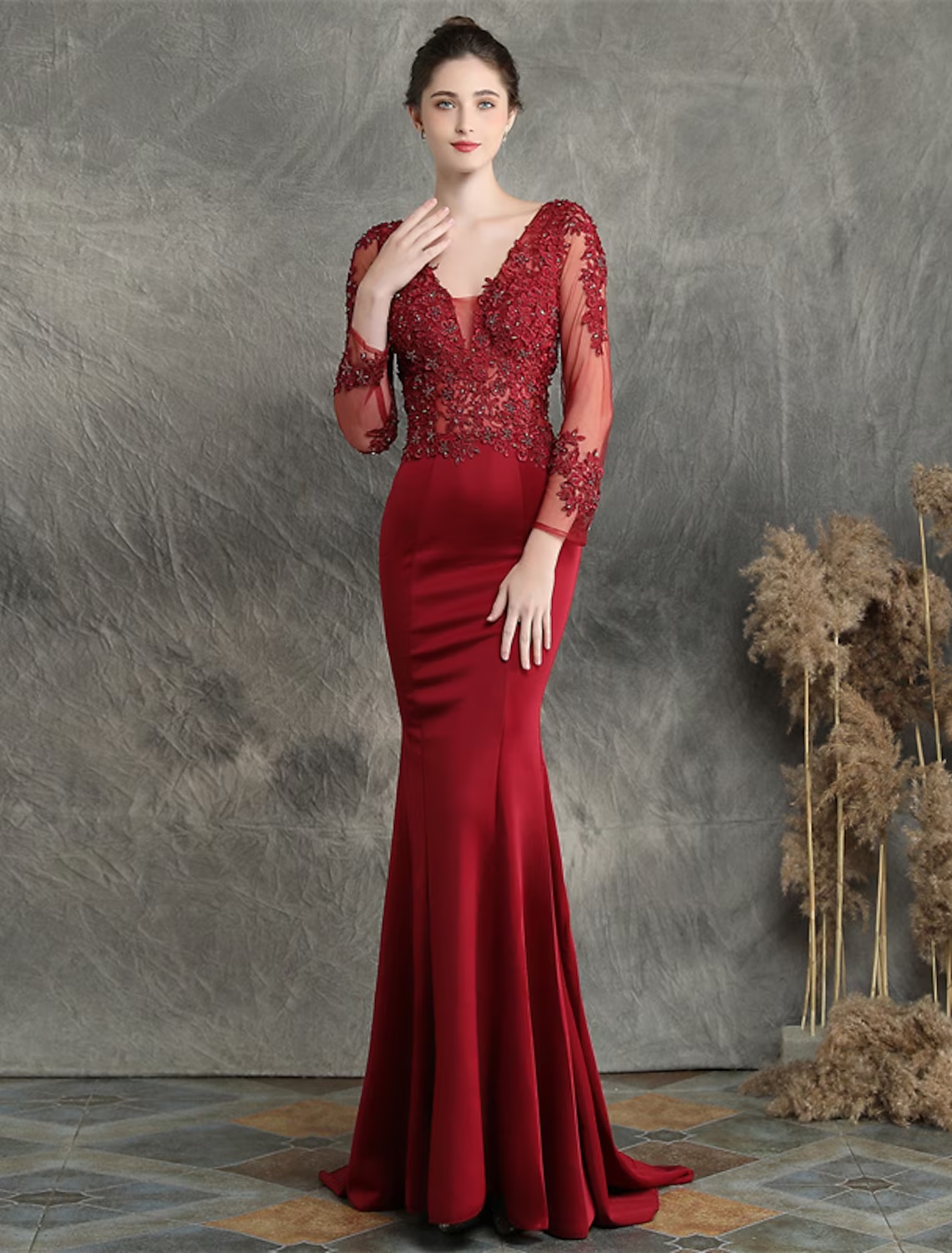 Prom Dresses Elegant Dress Formal Long Sleeve V Neck Cotton Blend with Beading Appliques