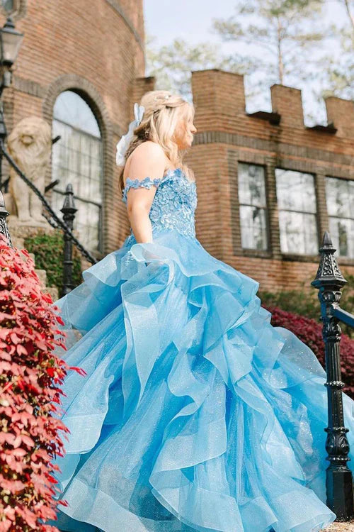 Aimishang Elegant Blue Off the Shoulder Ruffle Tiered Tulle Long Prom Dresses with Appliques