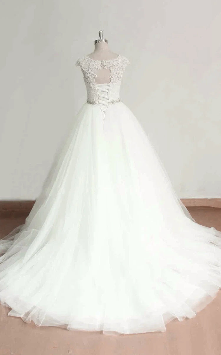 Cap Sleeve Tulle Lace Dress With Beading Sash Ribbon Keyhole Back