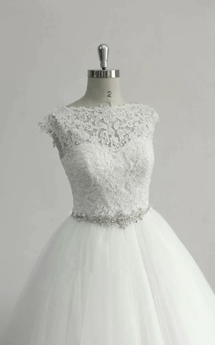 Cap Sleeve Tulle Lace Dress With Beading Sash Ribbon Keyhole Back