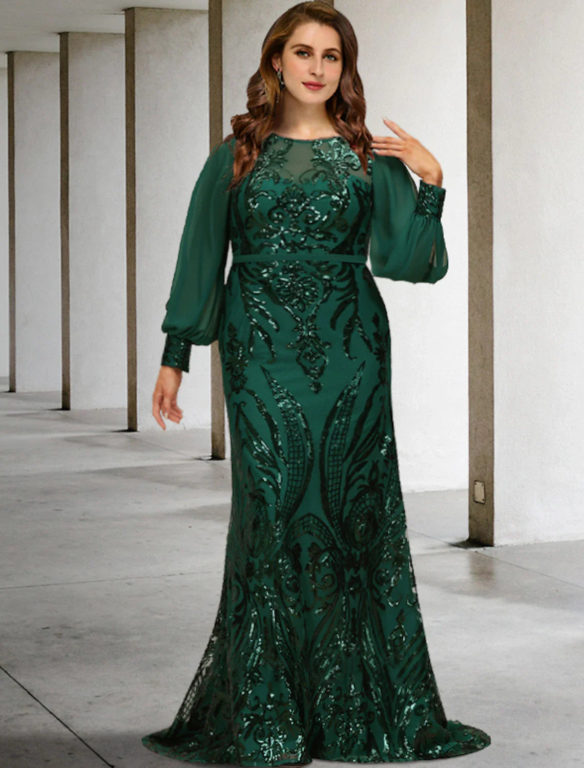 Aimishang  Mermaid / Trumpet Mother of the Bride Dresses Plus Size Hide Belly Curve Elegant Dress Formal Sweep / Brush Train Long Sleeve Jewel Neck Chiffon with Sequin