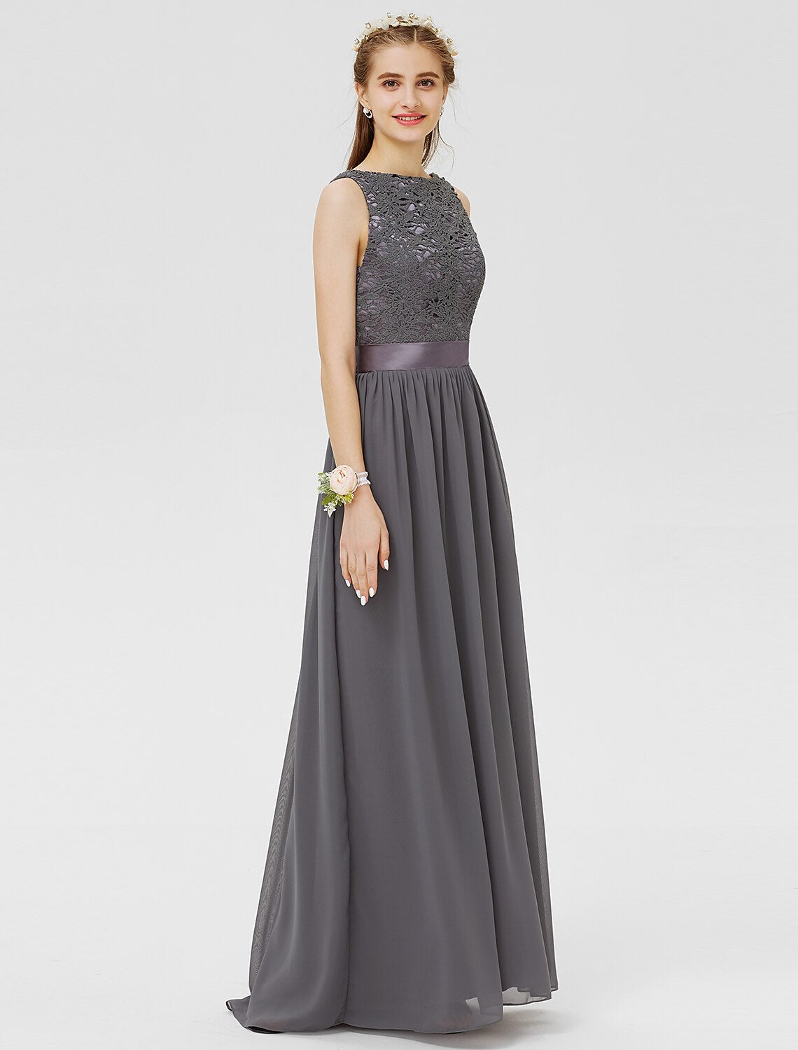 Sheath / Column Bateau Floor Length Chiffon / Floral Lace Bridesmaid Dress with Lace / Sash / Ribbon