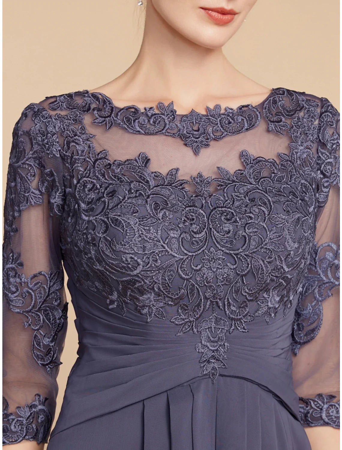 Aimishang A-Line Mother of the Bride Dress Wedding Guest Elegant Scoop Neck Ankle Length Chiffon Lace 3/4 Length Sleeve with Ruching Solid Color