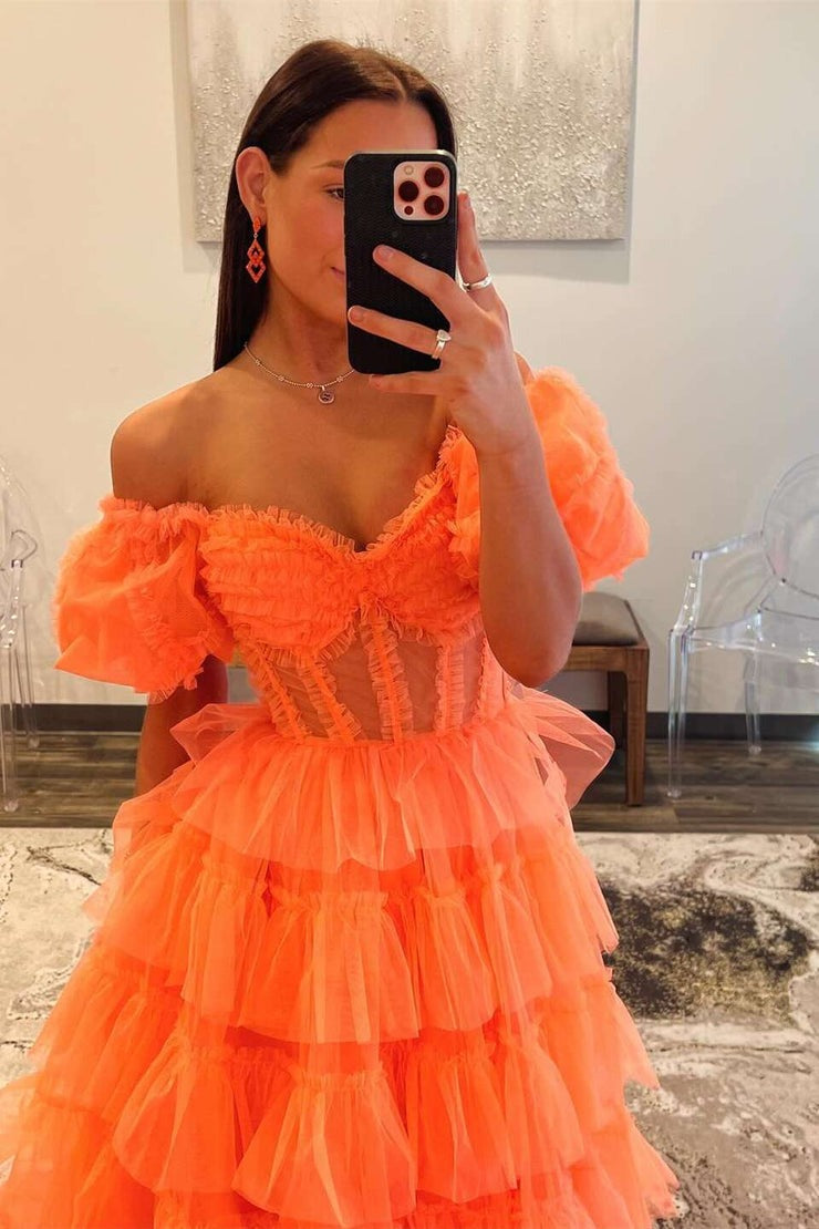 Ball Gown Orange Tulle Strapless Tiered Prom Dresses