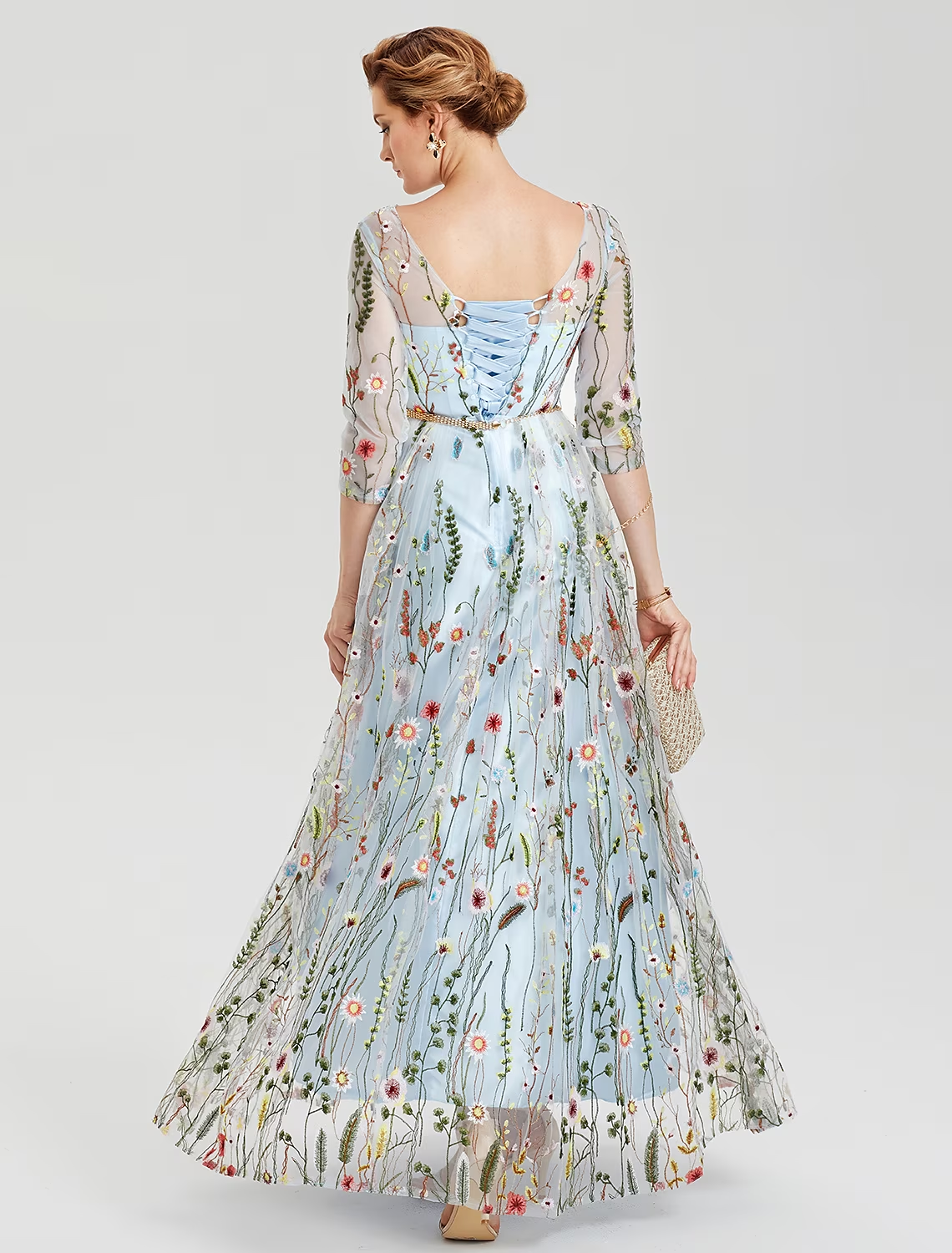 A-Line Empire Dress Party Wear Floor Length Sleeve Illusion Neck Lace with Embroidery