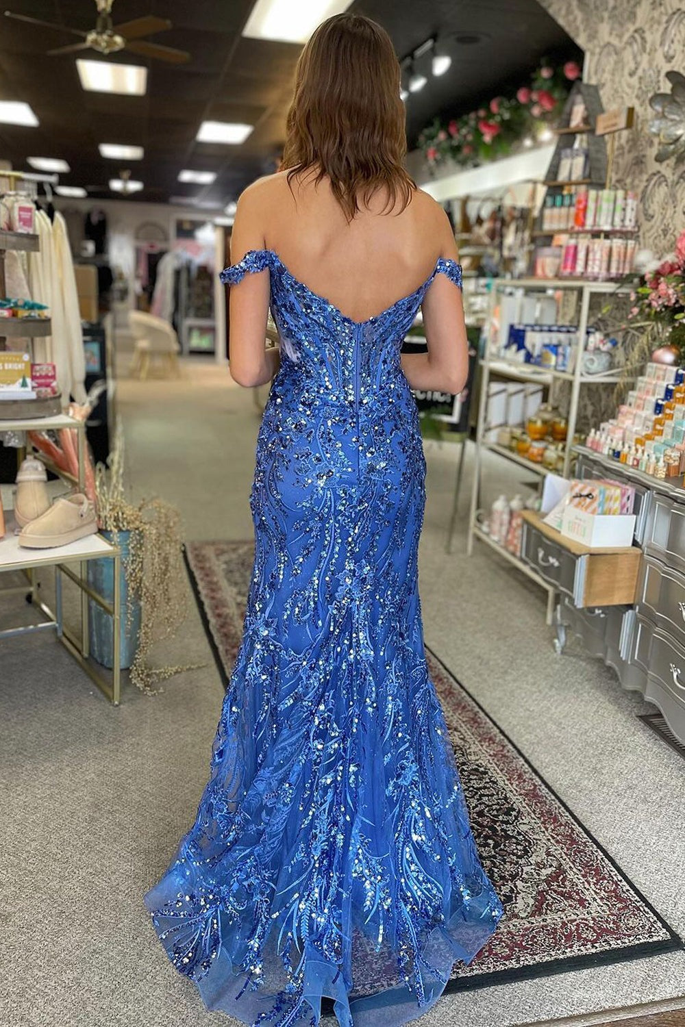 Off the Shoulder Blue Mermaid Sequins Lace Slit Prom Dresses