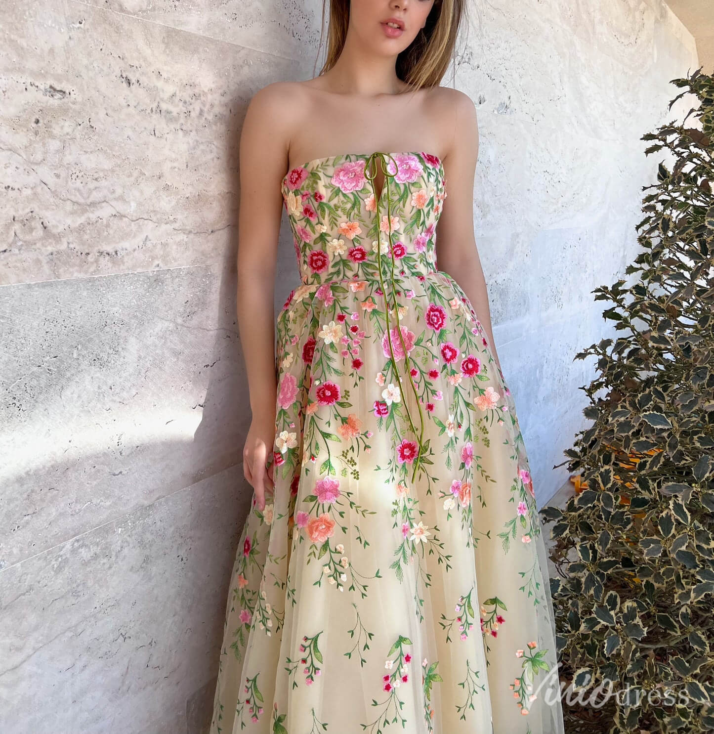 Champagne Floral Lace Strapless Prom Dresses Rosette Maxi Dress TO009