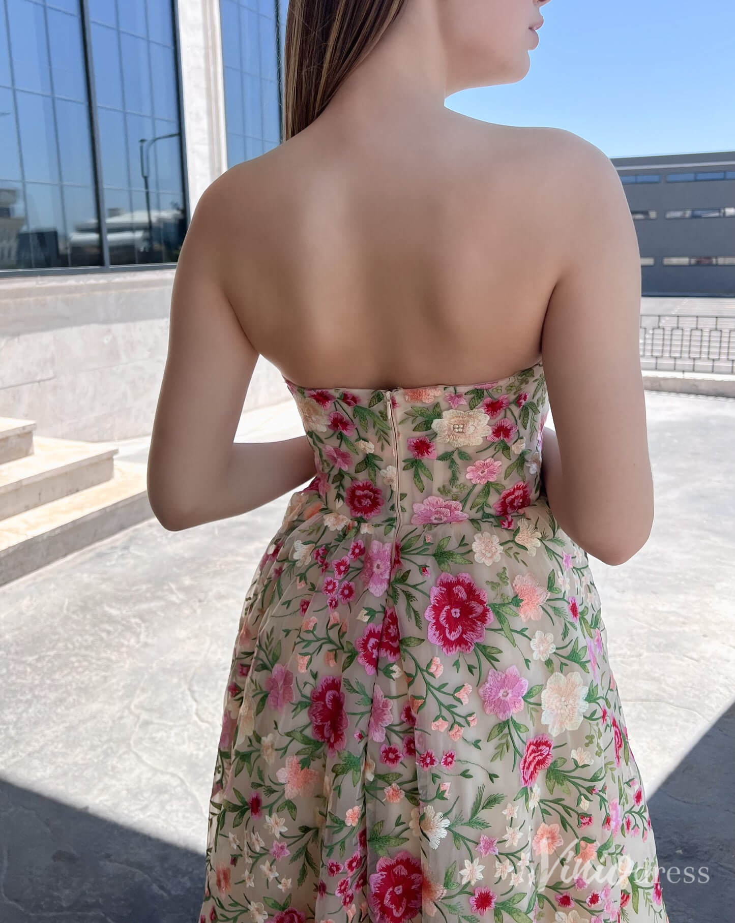 Champagne Floral Lace Strapless Prom Dresses Rosette Maxi Dress TO009