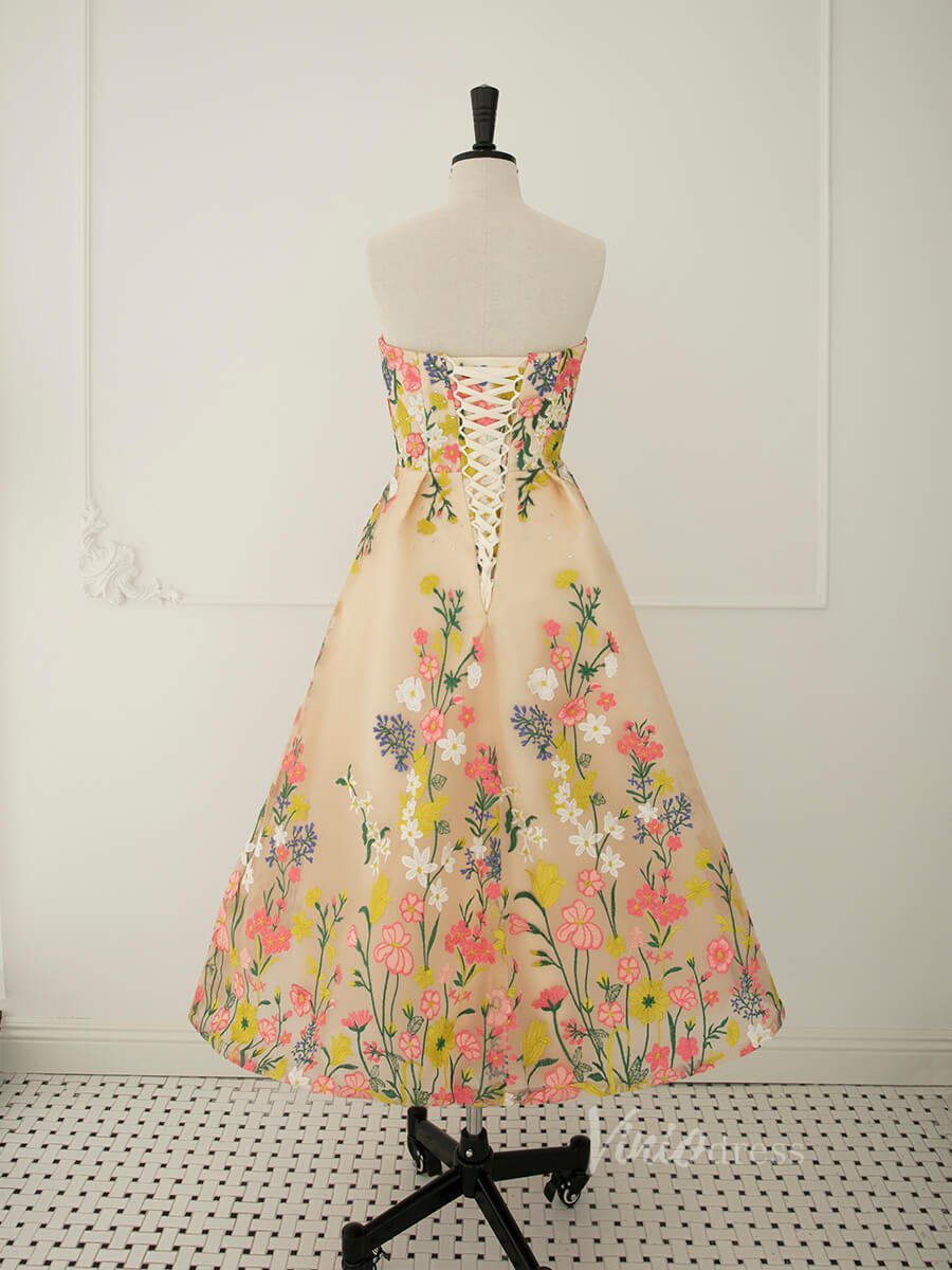 Champagne Lace Applique Prom Dresses Strapless Maxi Dress 90065