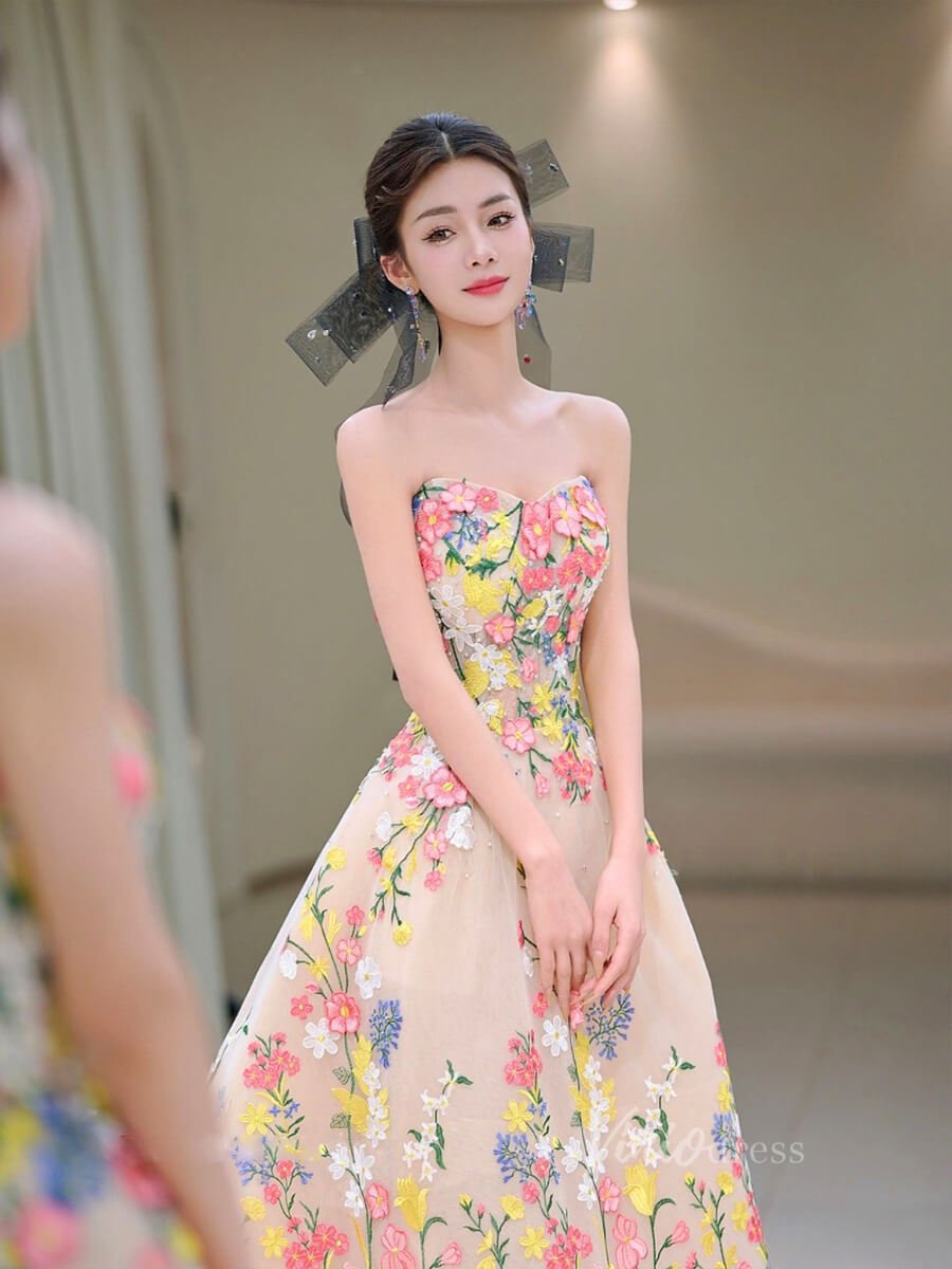 Champagne Lace Applique Prom Dresses Strapless Maxi Dress 90065