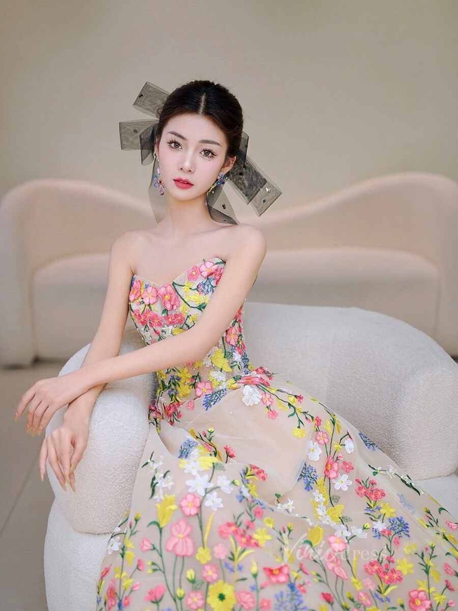 Champagne Lace Applique Prom Dresses Strapless Maxi Dress 90065