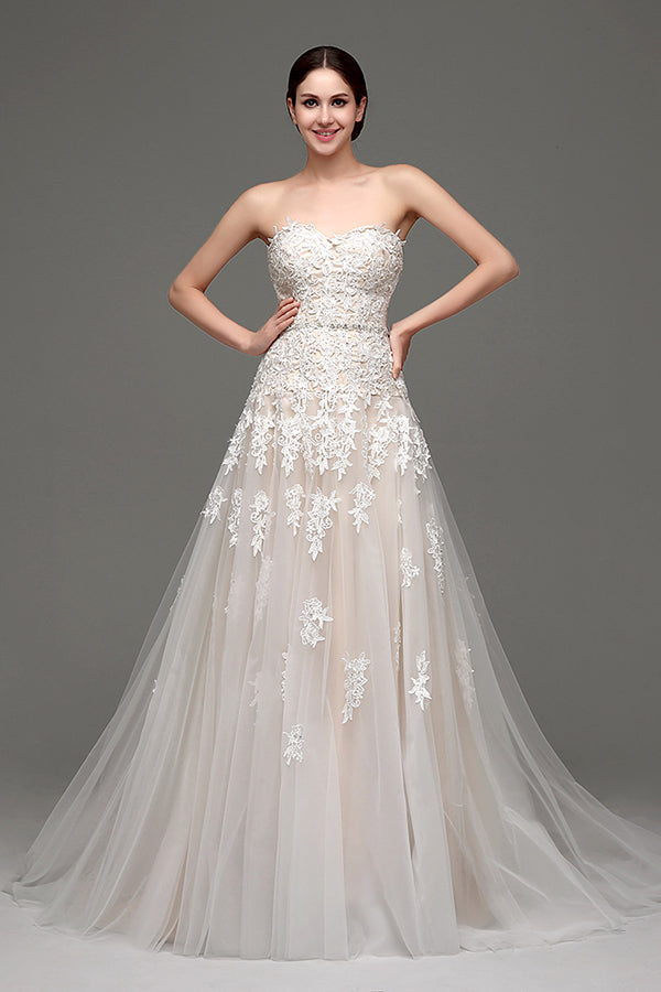 Long Lace-Up A-line Sweetheart Ivory Wedding Dress with Appliques