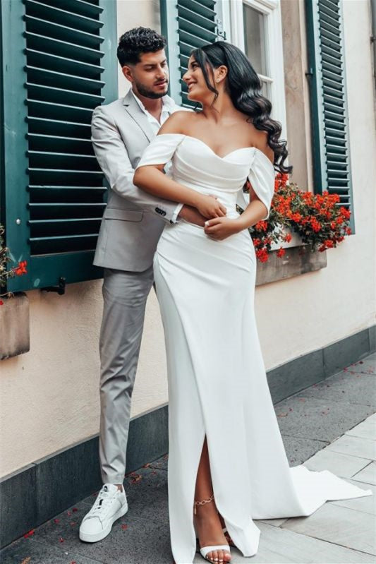 Charmeuse Off-The-Shoulder Wedding Dress with Split