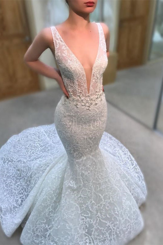 Charming Deep V-Neck Long Mermaid Wedding Dress with Lace Appliques