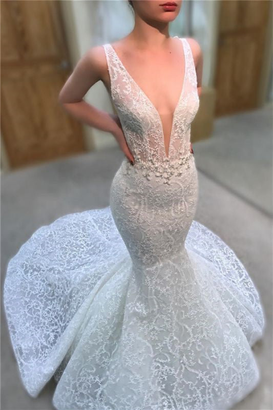 Charming Deep V-Neck Long Mermaid Wedding Dress with Lace Appliques