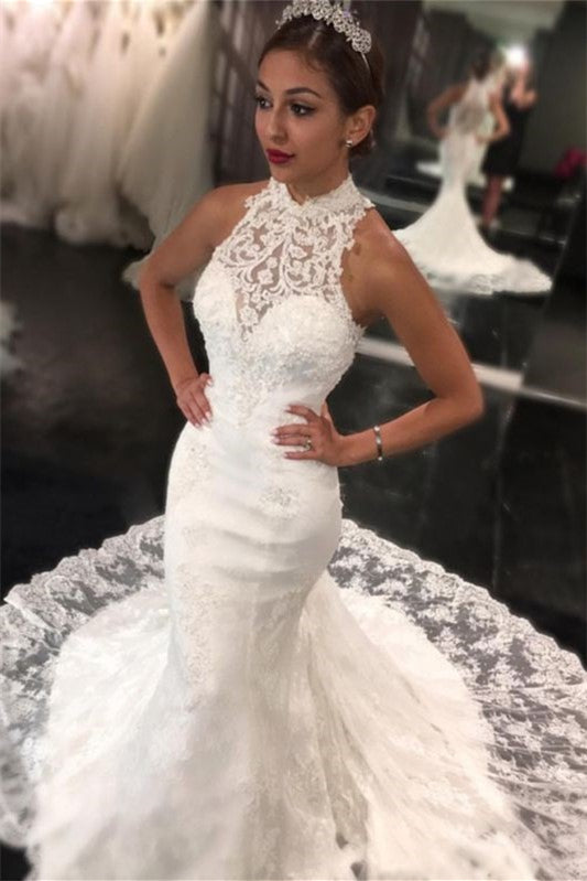 Charming High Neck Lace Mermaid Wedding Dress With Appliques Sleeveless Long