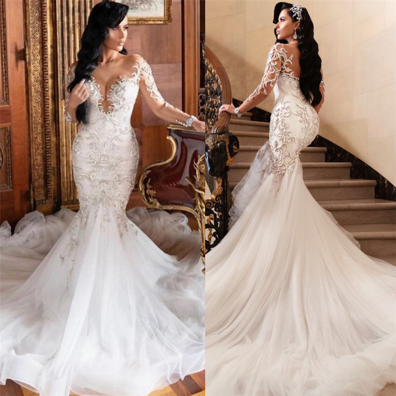 Charming Long Sleeves Mermaid Lace Appliques Wedding Dress On Sale