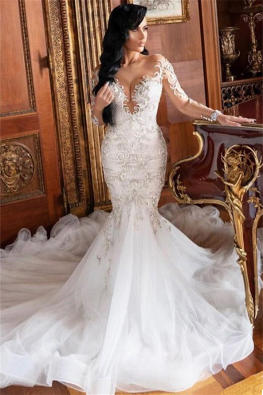 Charming Long Sleeves Mermaid Lace Appliques Wedding Dress On Sale