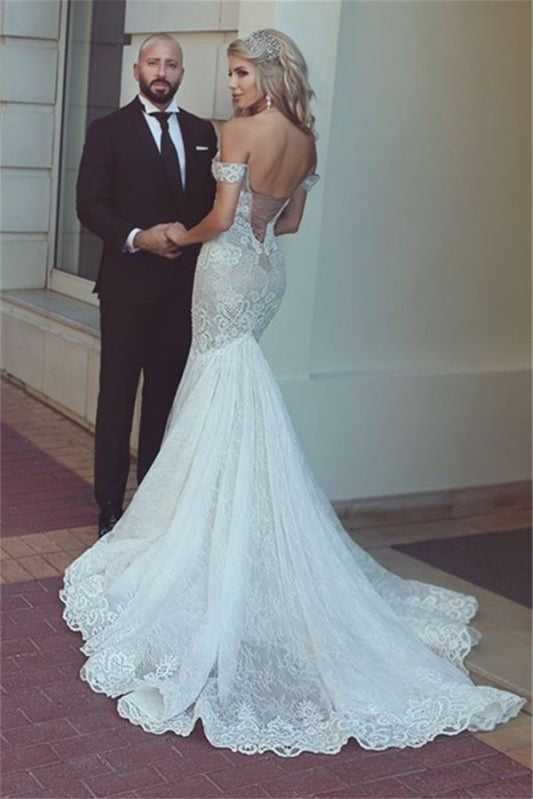 Charming Off-the-Shoulder Mermaid Lace Wedding Dress with Lace-up Back