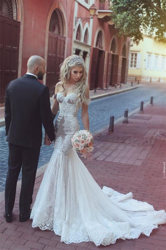 Charming Off-the-Shoulder Mermaid Lace Wedding Dress with Lace-up Back