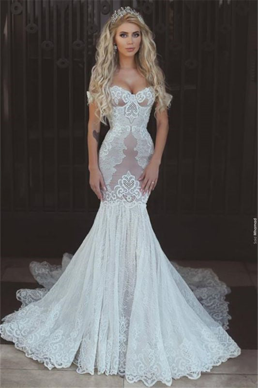 Charming Off-the-Shoulder Mermaid Lace Wedding Dress with Lace-up Back