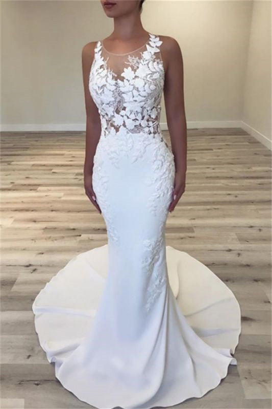 Charming Sleeveless Long Mermaid Wedding Dress With Appliques