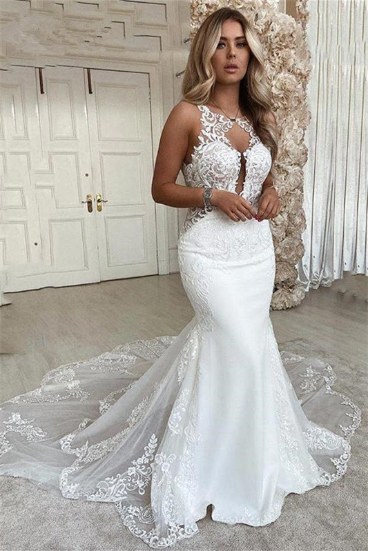 Charming Sleeveless Mermaid Wedding Dress with Lace Appliques