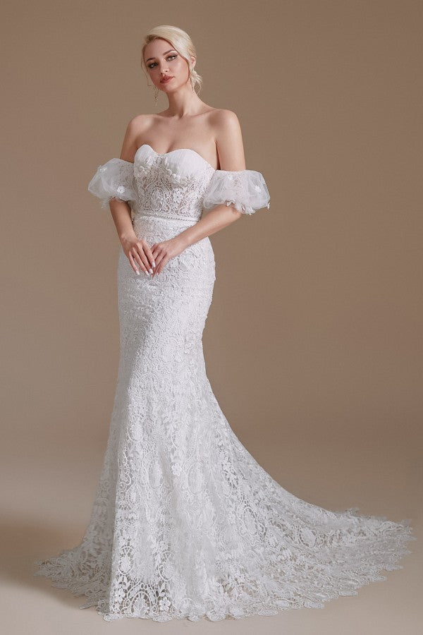 Charming Sweetheart Lace Long Mermaid Wedding Dress With Detachable Sleeves