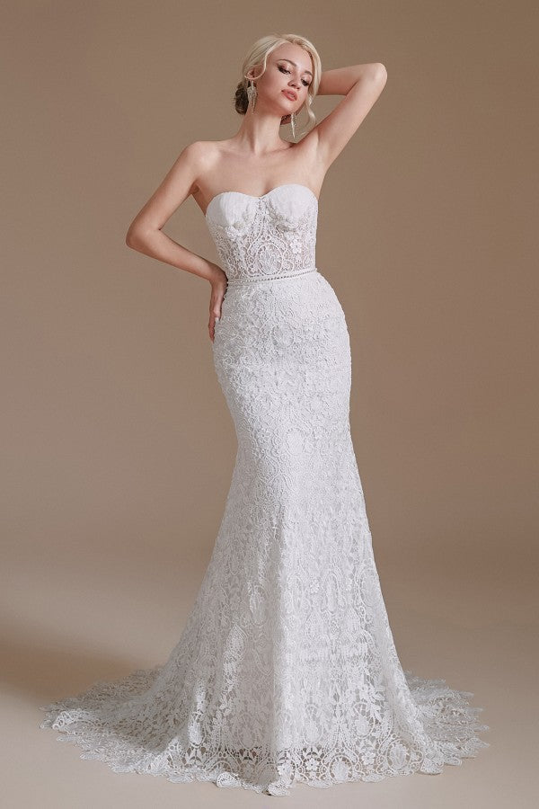 Charming Sweetheart Lace Long Mermaid Wedding Dress With Detachable Sleeves