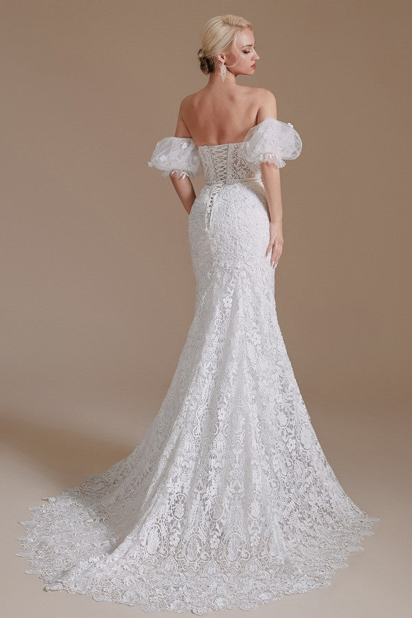 Charming Sweetheart Lace Long Mermaid Wedding Dress With Detachable Sleeves