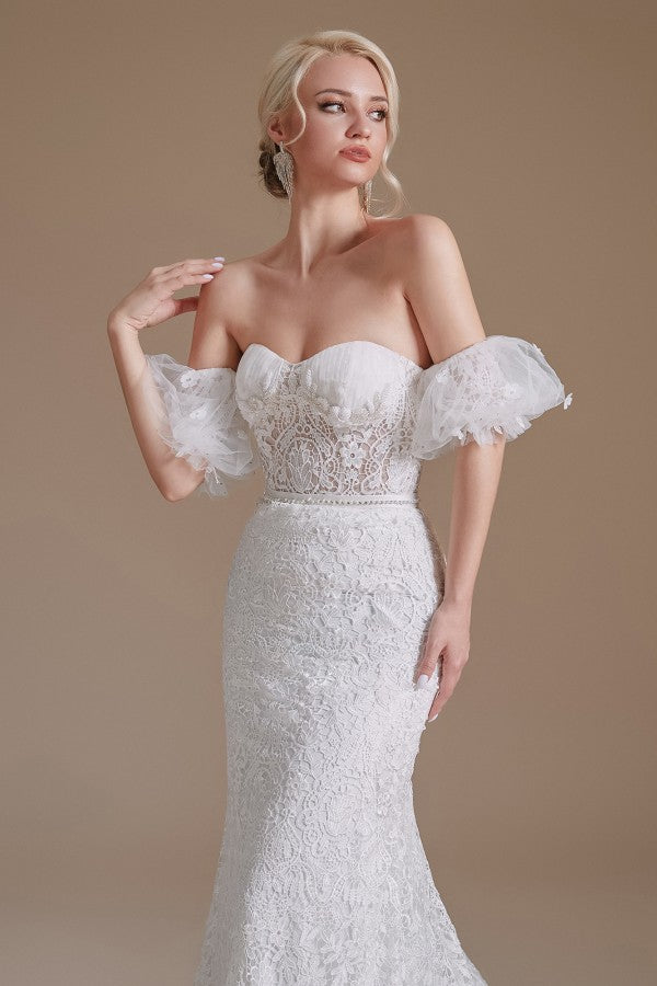 Charming Sweetheart Lace Long Mermaid Wedding Dress With Detachable Sleeves