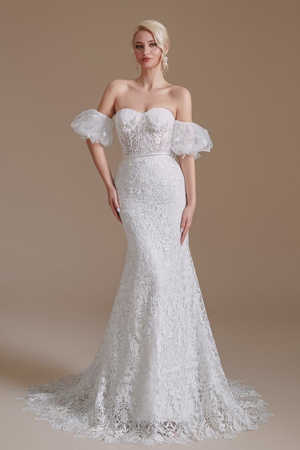 Charming Sweetheart Lace Long Mermaid Wedding Dress With Detachable Sleeves