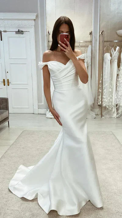 Aimishang Elegant Satin Mermaid Off-Shoulder Ruched With Train Beach Wedding Dress