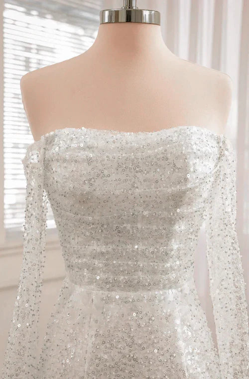 Aimishang Elegant Short Sequined Backless Wedding Dress With Long Detachable Sleeves