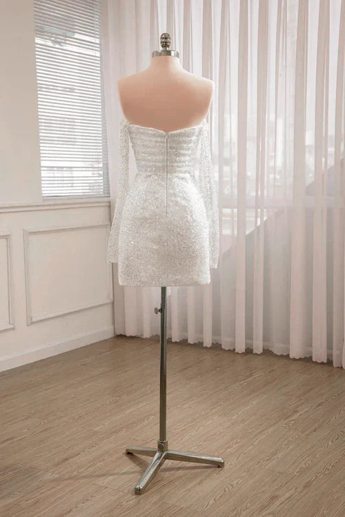 Aimishang Elegant Short Sequined Backless Wedding Dress With Long Detachable Sleeves