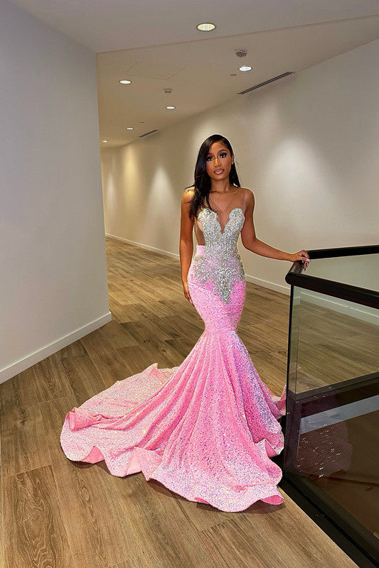 Chic Sleeveless Mermaid Sequins Prom Dresses With Ruffles Long