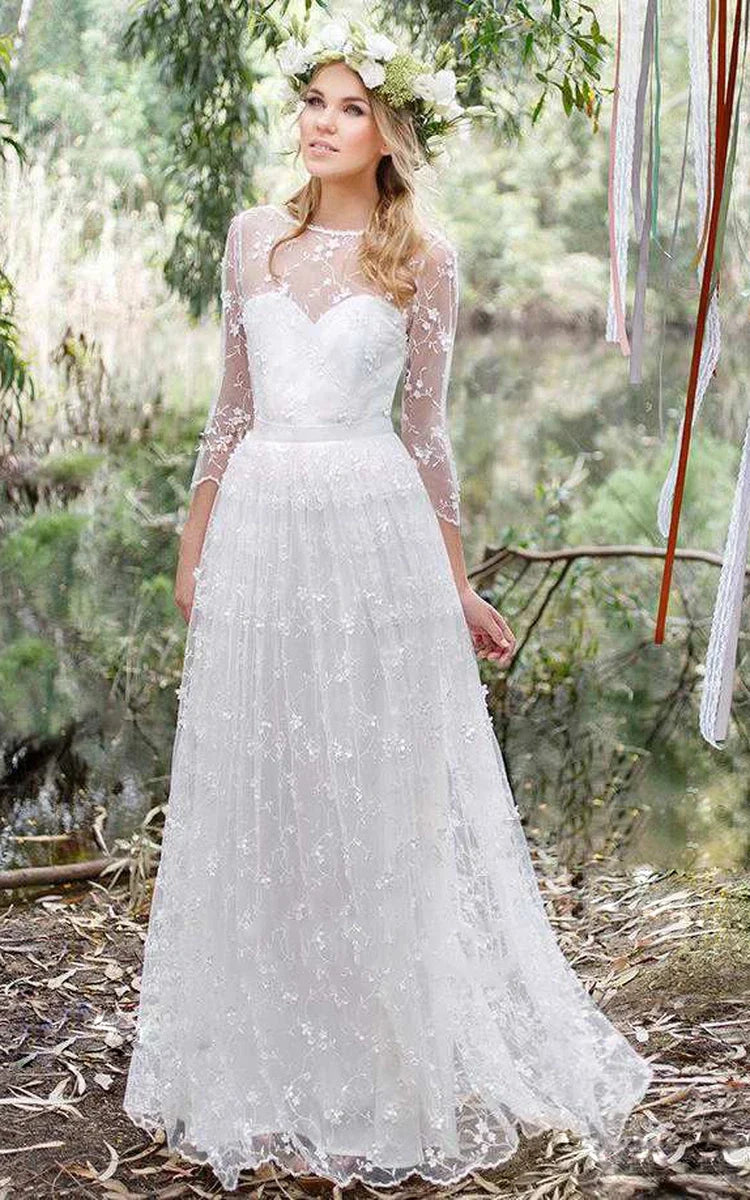 3/4 Length Sleeve A-Line Lace Appliques Low-V Back Wedding Dress