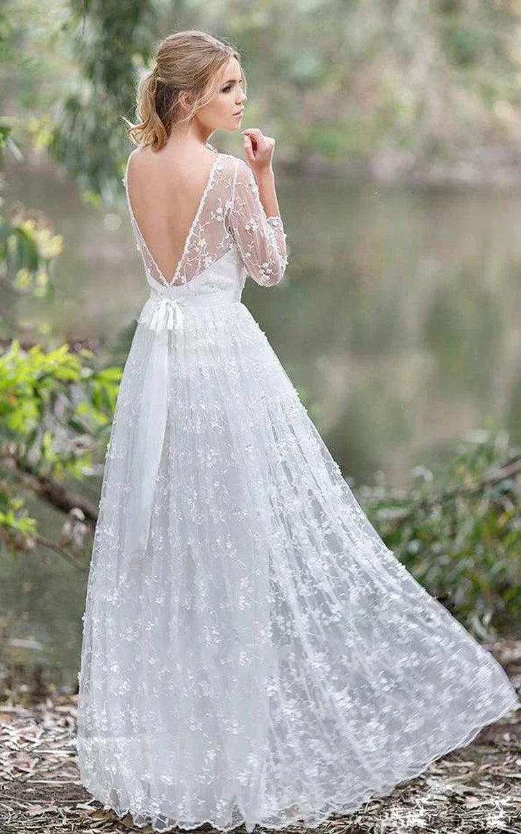 3/4 Length Sleeve A-Line Lace Appliques Low-V Back Wedding Dress