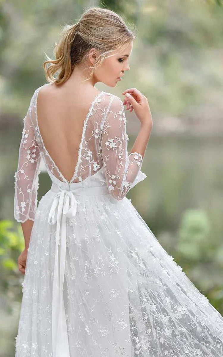 3/4 Length Sleeve A-Line Lace Appliques Low-V Back Wedding Dress