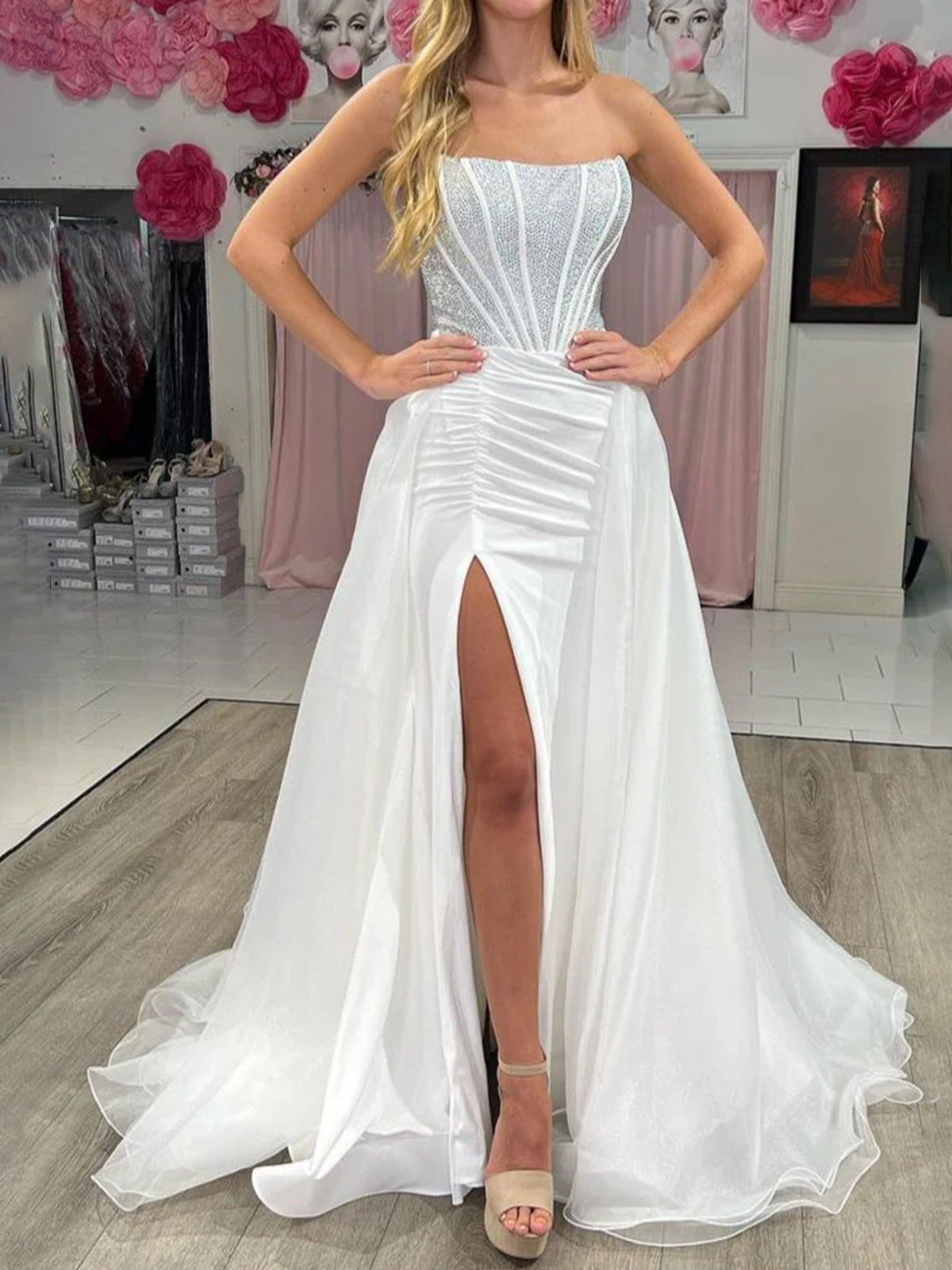 White Mermaid Strapless Satin Long Prom Dresses With Beading