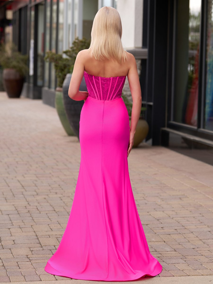 Fuchsia Mermaid Strapless Satin Long Prom Dresses With Beading